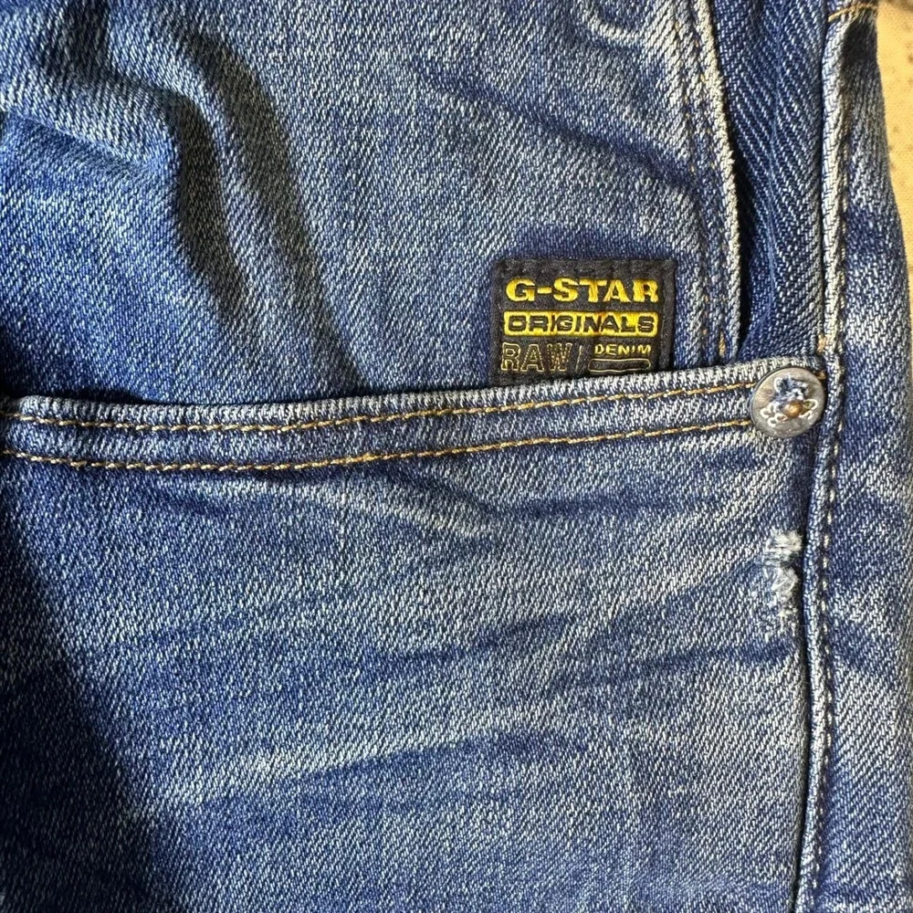 G-Star Raw 3301 Slim‎ Jeans Mens 35 Blue Medium Wash Distressed Denim Button Fly